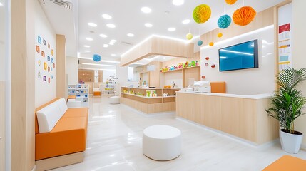 A panoramic view of a modern pediatric clinic with inviting spaces, colorful decorations, and a sense of warmth and comfort. , Product photography with high resolution, studio lighting, advertising