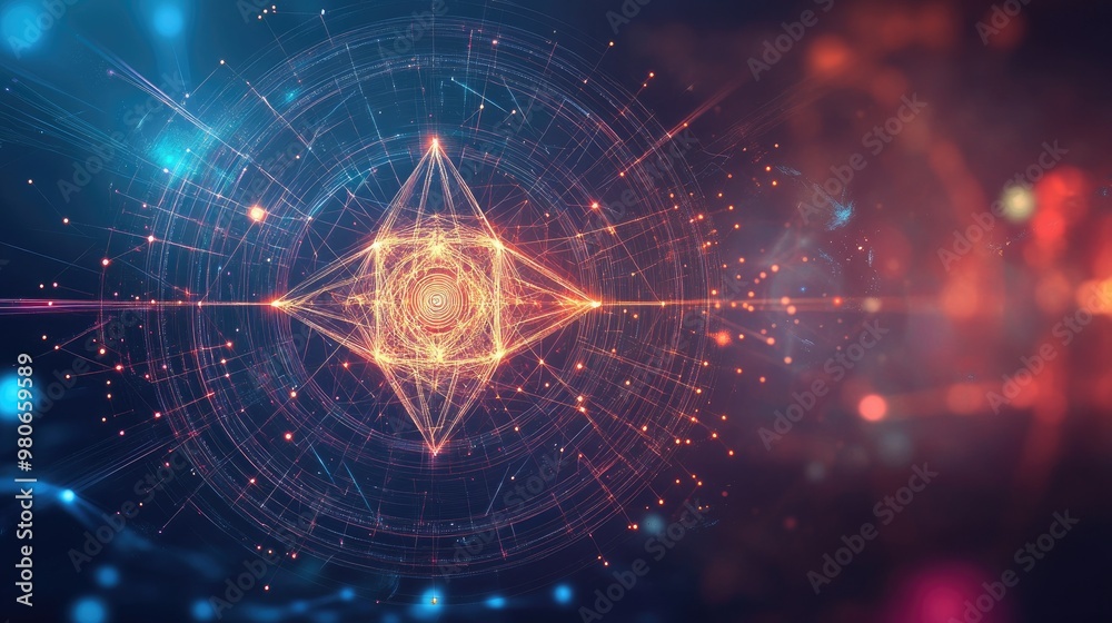 Poster digital representation of sacred geometry patterns with modern tech vibes, leaving space for belief 