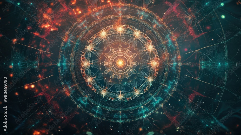 Poster digital representation of sacred geometry patterns with modern tech vibes, leaving space for belief 