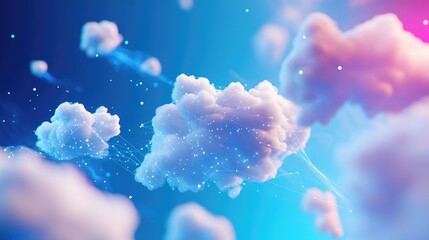 An illustration of multiple clouds in different dimensions (2D/3D), representing multi-cloud data connectivity and interaction