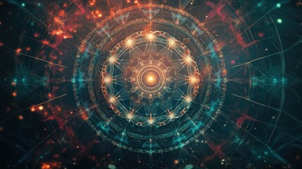 Digital representation of sacred geometry patterns with modern tech vibes, leaving space for belief messaging.