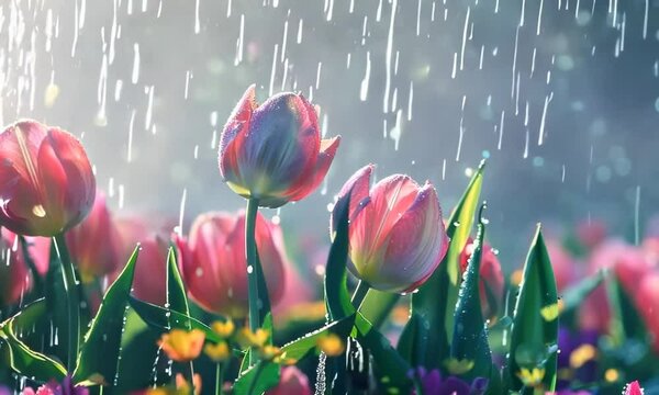 Gentle spring rain showering blooming tulips, Video