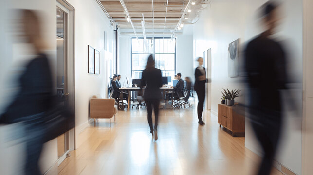 business people walking in the corridor of an business center, pronounced motion blur, crowded bright modern light office movement defocused. office background busy. talking and rushing in the lobby.