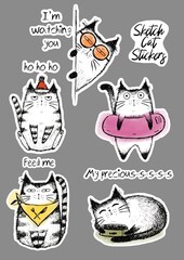 Stickers pack illustration sketch of funny cats
