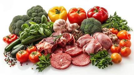 A variety of fresh vegetables and raw meat on a white background. Generative AI.