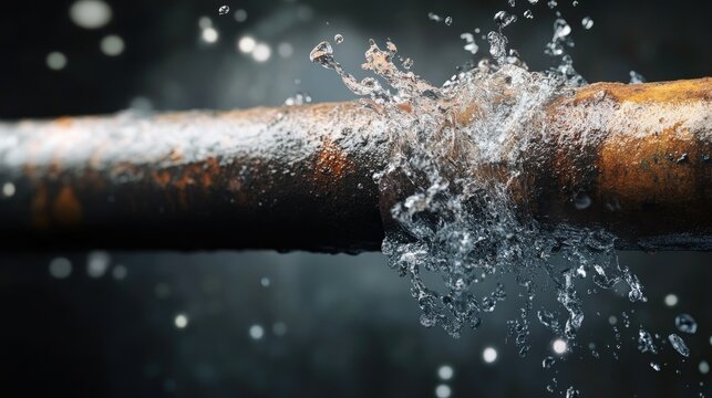 An old, rusty water pipe bursting with water leaking out, showing the necessity of plumber service to fix the leak.