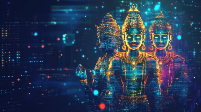 Illustration of Indian deities made from digital code, representing faith in modern technology, with space for copy.