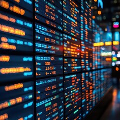 Multiple stock trading screens with fluctuating prices, abstract background of data streams, [stock trading technology], [digital market fluctuation]