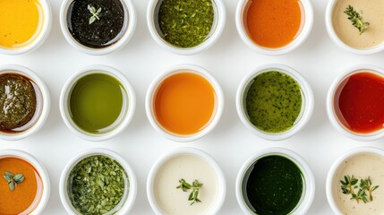 Bowls filled with multiple types of sauces viewed from the top, spread out on a clean white background.