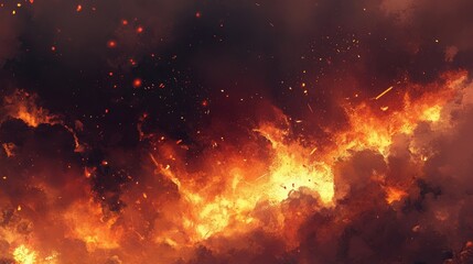 Bright, fiery flames spread across the scene, illustrating a conflagration with glowing embers and thick smoke.