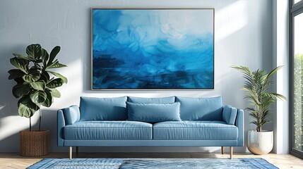 Living room with painting on the wall, blue and light gray colors, clean, mockup. Generative AI.