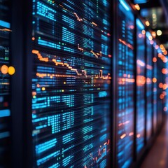 Naklejka premium High-frequency trading servers with complex data flows and fluctuating numbers displayed in neon colors, [data center trading], [HFT technology]