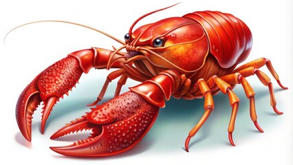 A colorful and whimsical depiction of a vibrant red crawfish, boasting large claws and intricately textured features.