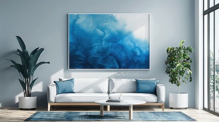 Living room with painting on the wall, blue and light gray colors, clean, mockup. Generative AI.