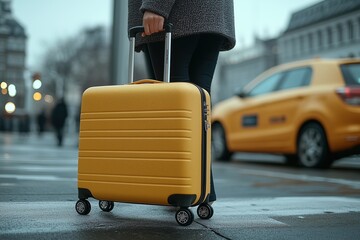 a woman standing with yellow trolley suitcase near taxi at the airport, focus on the suitcase