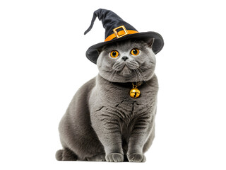 Fototapeta premium British Shorthair cat sitting in Halloween witch costume isolated on transparent background PNG
