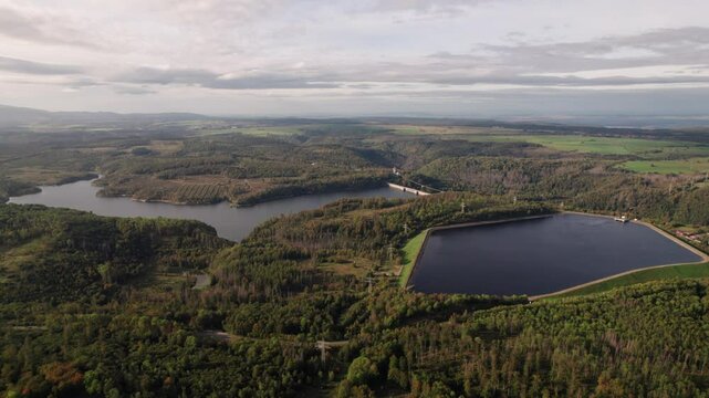 Aerial landscape panorama in the Harz mountains, Rappbode dam Bode river in Harz Mountains National Park, near Thale, Germany. Saxony-Anhalt , Germany