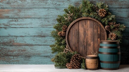Naklejka premium Rustic Wooden Barrels with Pine Boughs and Cones on Weathered Blue Wood Background.