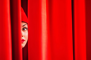 Actress peeks out from behind a red curtain, before a performance, copyspace