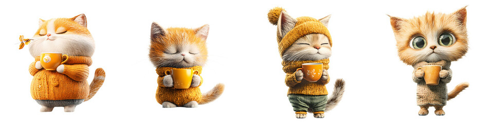 Adorable kittens wearing cozy sweaters and holding coffee mugs on a transparent background, ideal for autumn and winter-themed designs.