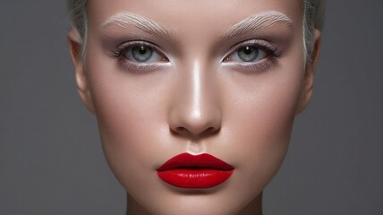 Striking close-up of a woman with bold red lips and white brows, embracing avant-garde beauty.