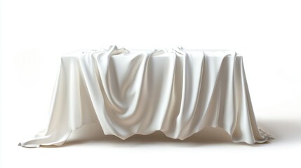 Elegant tablecloth draped on a table, isolated against a white background, emphasizing smooth fabric texture.