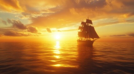 A serene ocean sunset with a lone ship sailing peacefully across the water, surrounded by the golden glow of the setting sun.
