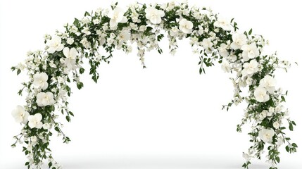 Elegant wedding arch with white flowers, arranged beautifully for a ceremony, isolated on a white background.