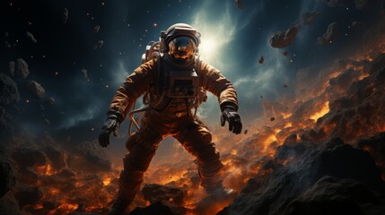 Astronaut conducts spacewalk among stars with cosmic backdrop and celestial phenomena