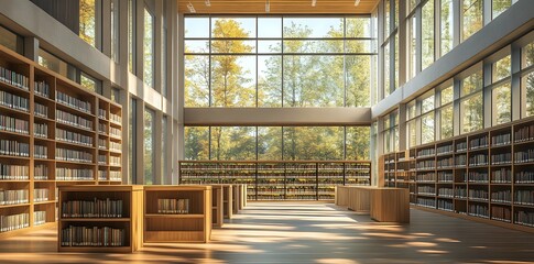 Obraz premium A spacious library with tall windows overlooking a lush forest.
