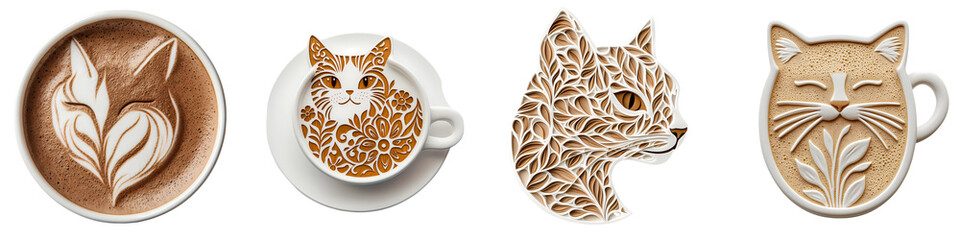 Four creative cat-themed latte art and illustrations are showcased with intricate floral designs inside coffee cups. The artwork combines elegant feline forms with detailed coffee-inspired patterns, o