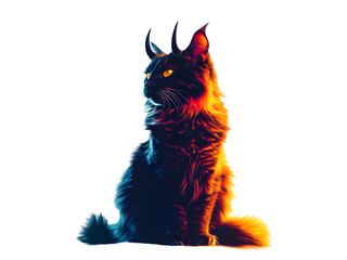 Dark Maine Coon Cat sitting in Halloween evil costume isolated on transparent background PNG