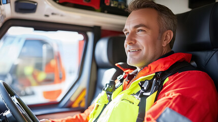 A middle-aged white male paramedic driving an emergency vehicle, focused and smiling, representing dedication to emergency services and healthcare, creating a positive and confident atmosphere 