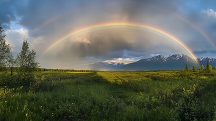 Fototapeta premium A vibrant rainbow arches over a lush green meadow, with snow-capped mountains in the distance. The scene is filled with hope and beauty.