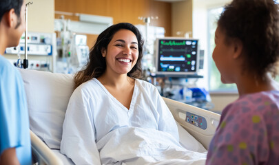 Obraz premium Smiling female hospital patient, Hispanic, engaged in a positive conversation with a doctor and nurse, creating an uplifting and caring atmosphere, symbolizing recovery and quality healthcare.