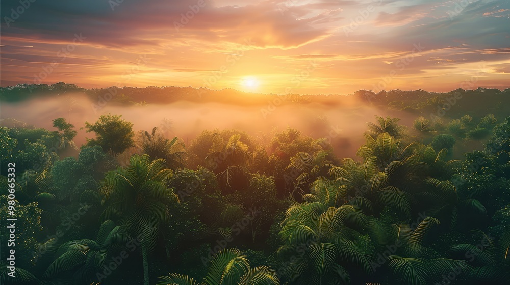 Poster sunrise over jungle. generative ai.