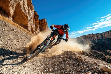 Obraz premium A mountain biker skillfully navigates a dusty trail in a rugged landscape.