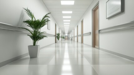 Fototapeta premium A tranquil hospital hallway, empty and clean, with white walls and spotless floors, conveying a sense of calm and order.