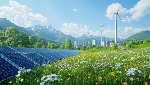 Factory uses renewable sources for power generation in a flourishing valley landscape