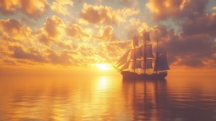 A tranquil scene of a ship sailing into the sunset, with calm ocean waves and golden skies creating a peaceful and serene atmosphere.