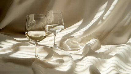 Elegant wine glasses resting on soft silk fabric with captivating light reflections