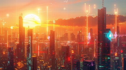 Binary code overlaid on a cityscape during sunset, symbolizing digital transformation