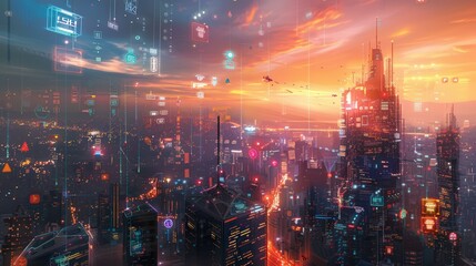 Binary code overlaid on a cityscape during sunset, symbolizing digital transformation
