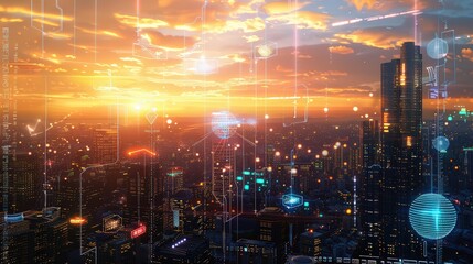 Binary code overlaid on a cityscape during sunset, symbolizing digital transformation