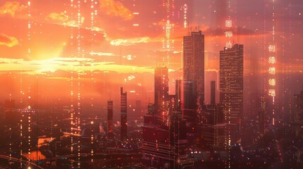 Binary code overlaid on a cityscape during sunset, symbolizing digital transformation