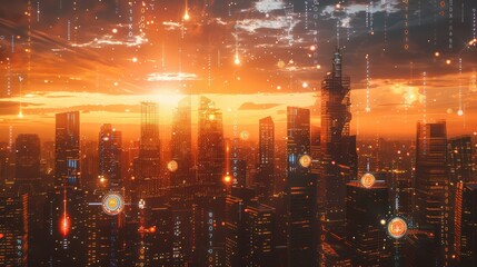 Binary code overlaid on a cityscape during sunset, symbolizing digital transformation