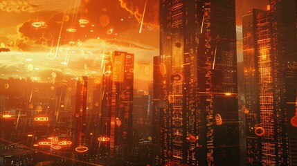 Binary code overlaid on a cityscape during sunset, symbolizing digital transformation