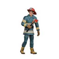 3D Male Firefighting Character. A firefighter is holding an ax with a serious face as if in vain to carry out emergency action. Firefighter Professional