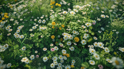 Top down view of wildflowers and weeds. Generative AI.