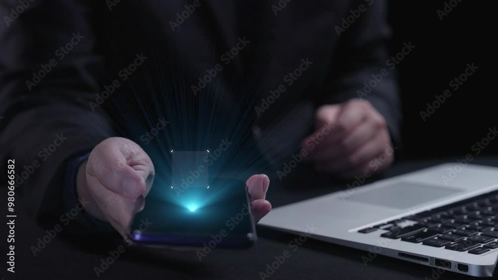 Poster business person checking email inbox, organizing and prioritizing messages for better productivity. 